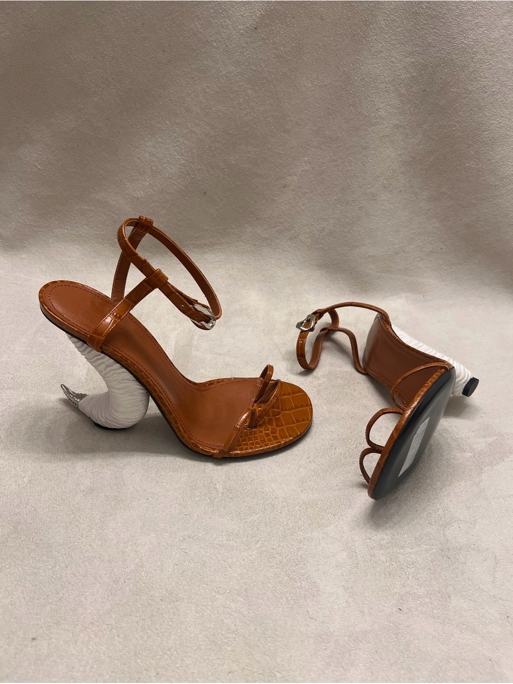 Givenchy Tan Croc-Effect Ankle-Strap Heels with Crocodile Embossed Horn Sandals